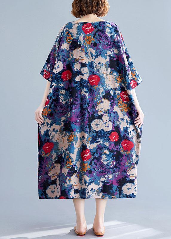 Unique floral cotton dresses o neck baggy Maxi Dresses - SooLinen