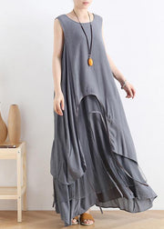 Unique gray cotton dresso neck asymmetric robes summer Dress - SooLinen