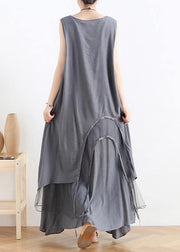 Unique gray cotton dresso neck asymmetric robes summer Dress - SooLinen