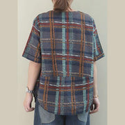 Unique gray plaid linen Blouse o neck short summer blouses - SooLinen