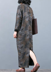 Unique gray print Long dress v neck asymmetric Maxi fall Dress - SooLinen