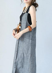 Unique gray striped linen dresses Single-breasted Maxi sleeveless Dress - SooLinen