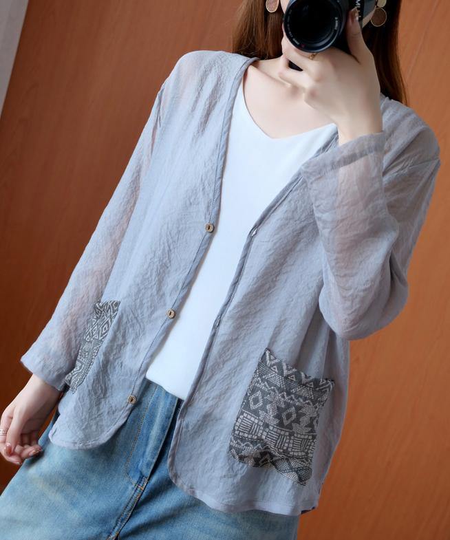 Unique gray tops women blouses v neck Button Down daily blouse - SooLinen