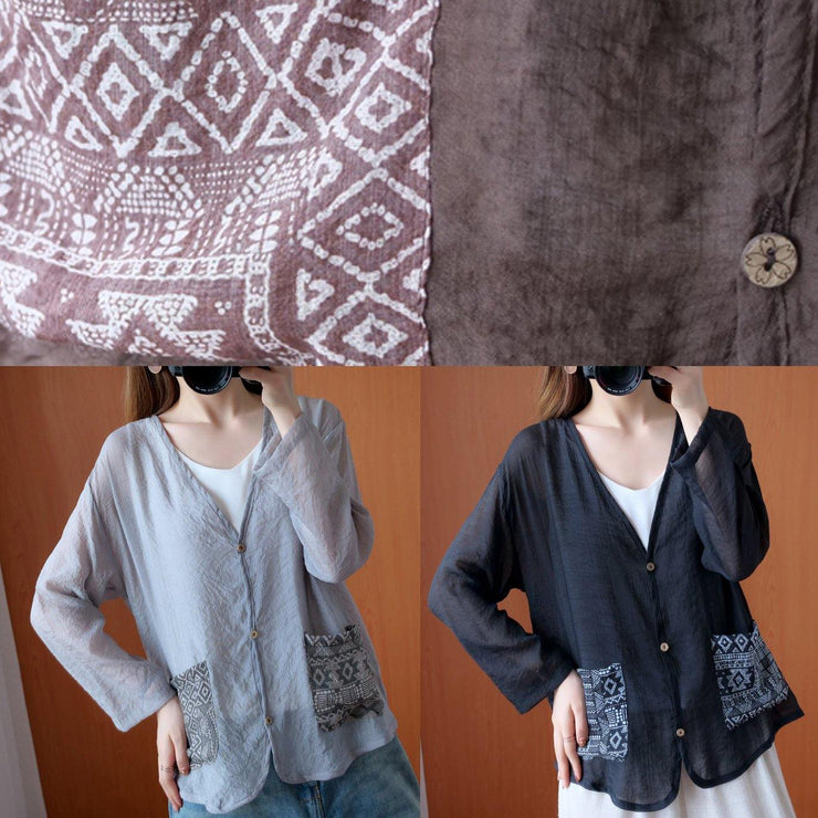 Unique gray tops women blouses v neck Button Down daily blouse - SooLinen