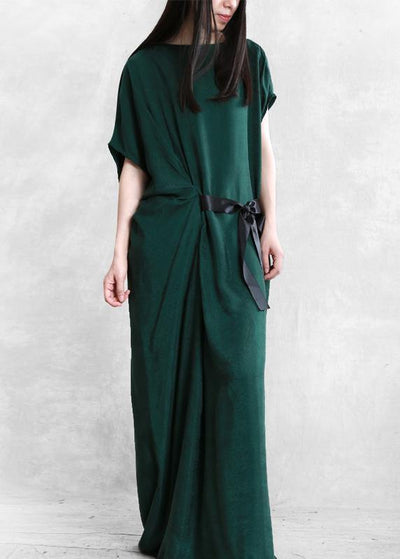 Unique green dress o neck asymmetric Robe summer Dress - SooLinen