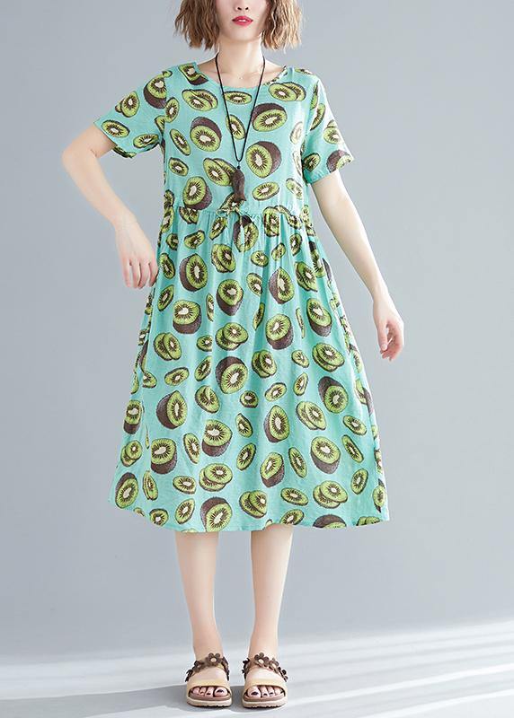 Unique green print linen clothes Women Korea pattern o neck drawstring Art Summer Dress - SooLinen