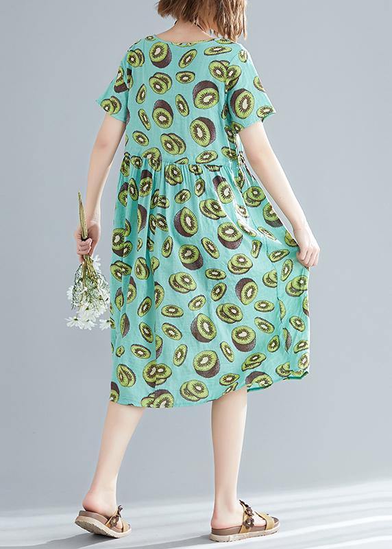 Unique green print linen clothes Women Korea pattern o neck drawstring Art Summer Dress - SooLinen