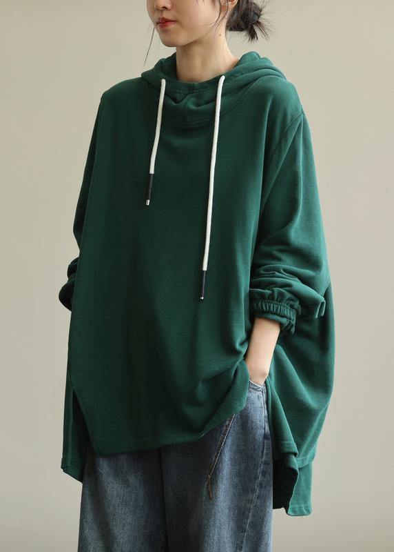 Unique green tunic pattern hooded drawstring Plus Size Clothing blouses - SooLinen