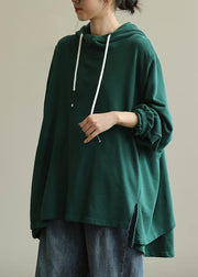 Unique green tunic pattern hooded drawstring Plus Size Clothing blouses - SooLinen