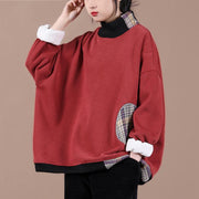 Unique high neck spring clothes Photography red patchwork plaid top - SooLinen