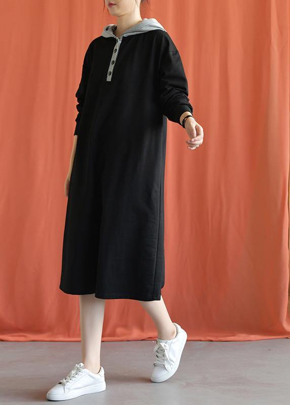 Unique hooded cotton Wardrobes Shape black Plus Size Dress fall - SooLinen