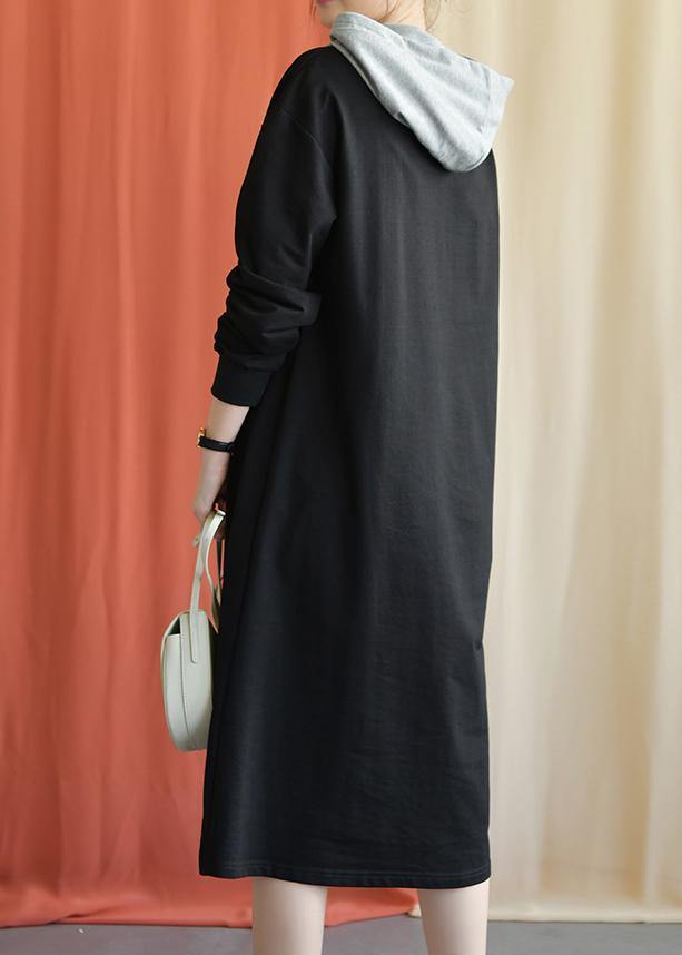 Unique hooded cotton Wardrobes Shape black Plus Size Dress fall - SooLinen