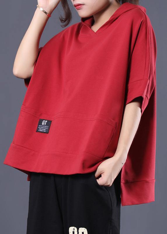Unique hooded cotton tunic pattern red side open shirts summer - SooLinen