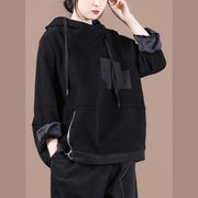 Unique hooded patchwork tunics for women Work Outfits black thick blouses - SooLinen