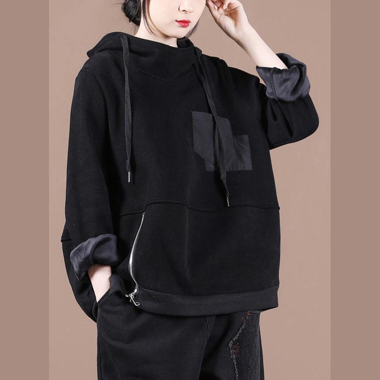 Unique hooded patchwork tunics for women Work Outfits black thick blouses - SooLinen