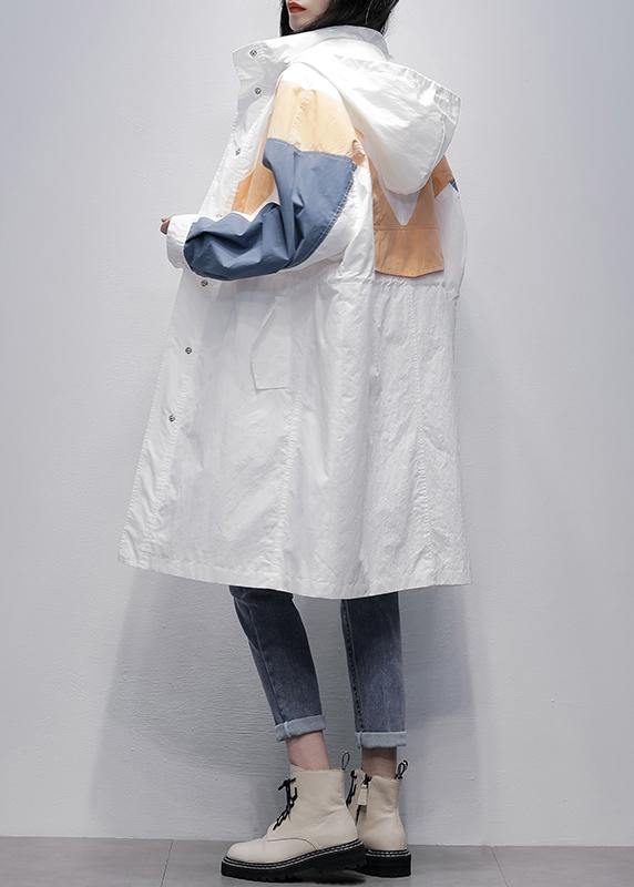 Unique hooded zippered Fine patchwork tunics for women white Dresses coat - SooLinen