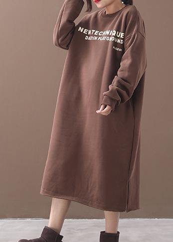 Unique khaki cotton Long Shirts side open cotton robes alphabet prints Dress - SooLinen