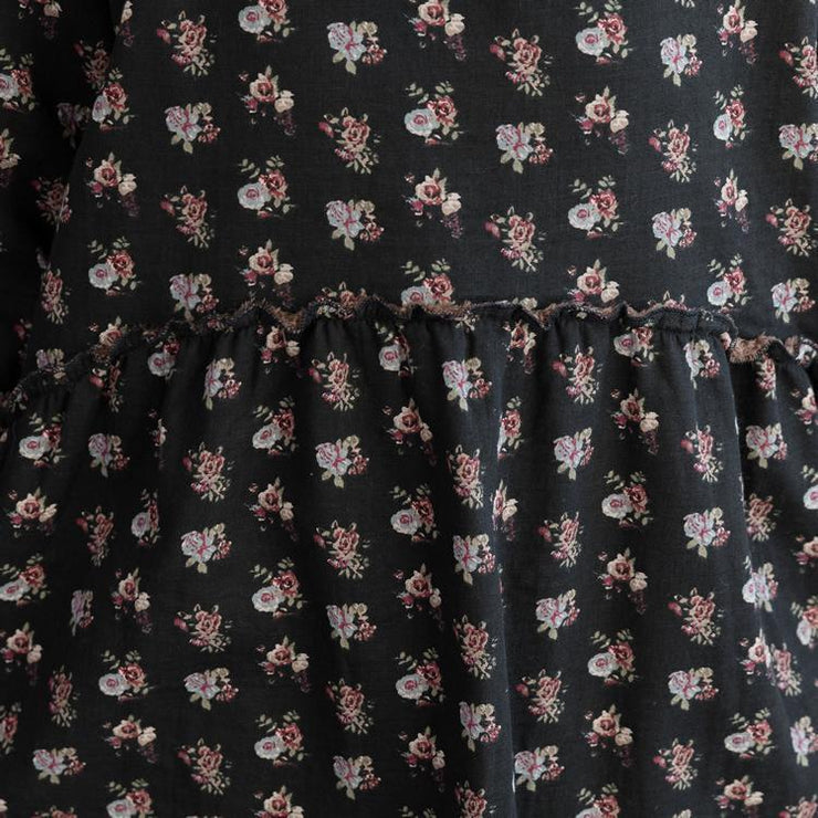 Einzigartige khakifarbene Blumenleinen-Baumwollkleider feine Weihnachtsgeschenke Kaftan O-Ausschnitt Cinched Dress