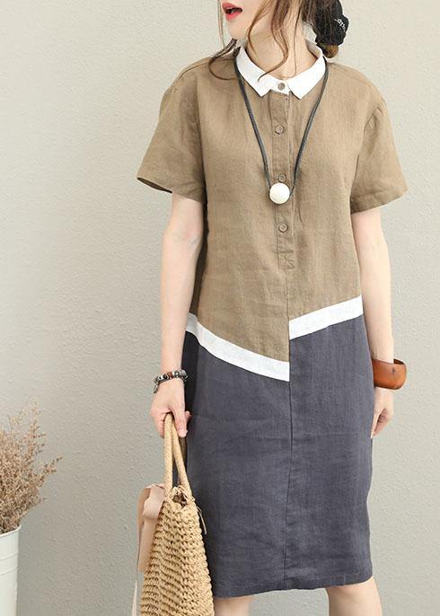 Unique khaki linen dress lapel patchwork cotton Dress - SooLinen