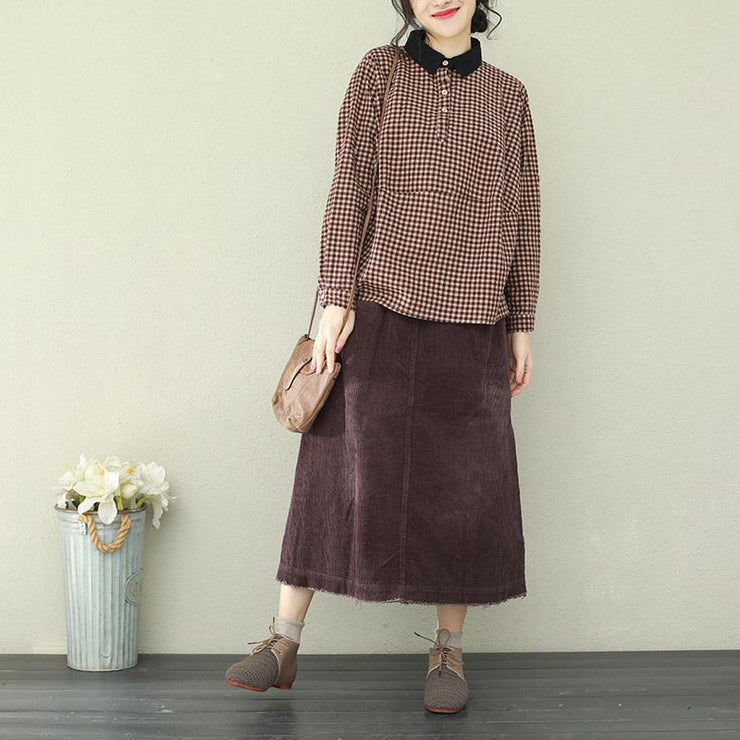 Einzigartige Revers-Baumwoll-Leinen-Kleidung, stilvolle Ärmel, lila, schokoladenkarierte Midi-Oberteile