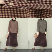 Einzigartige Revers-Baumwoll-Leinen-Kleidung, stilvolle Ärmel, lila, schokoladenkarierte Midi-Oberteile