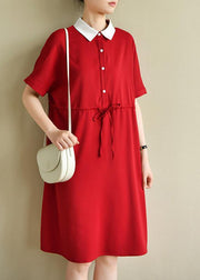Unique lapel drawstring quilting dresses Neckline red Dress - SooLinen