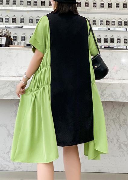 Unique lapel Cinched Robes pattern black patchwork green Dress - SooLinen