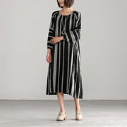 Unique linen cotton quilting dresses stylish Black And Gary Stripe Casual Loose Dress