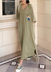 Unique low high design cotton Tunics Wardrobes army green v neck Robe Dresses summer - SooLinen