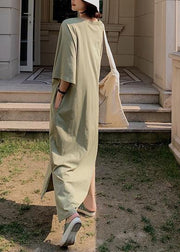 Unique low high design cotton Tunics Wardrobes army green v neck Robe Dresses summer - SooLinen