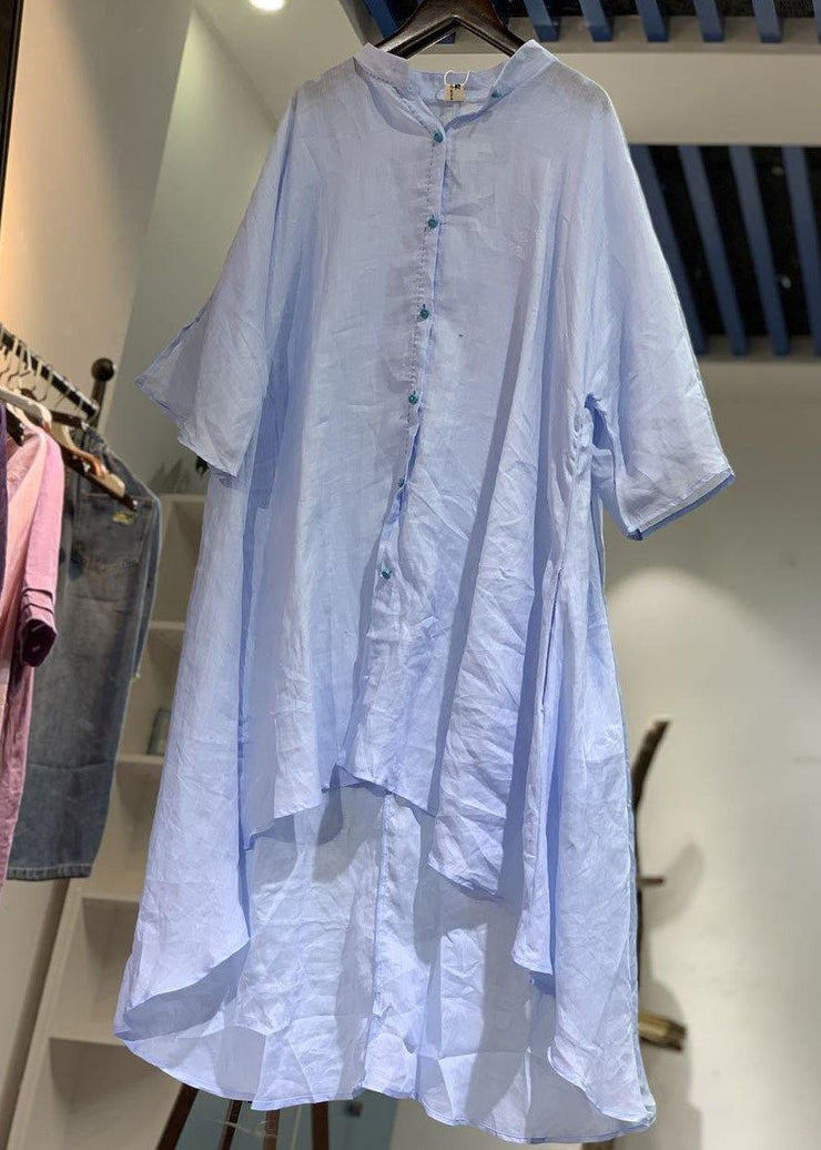 Unique low high design linen shirt dress Catwalk blue Dresses - SooLinen