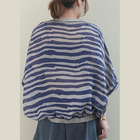Unique o neck Batwing Sleeve linen shirts blue striped shirt - SooLinen