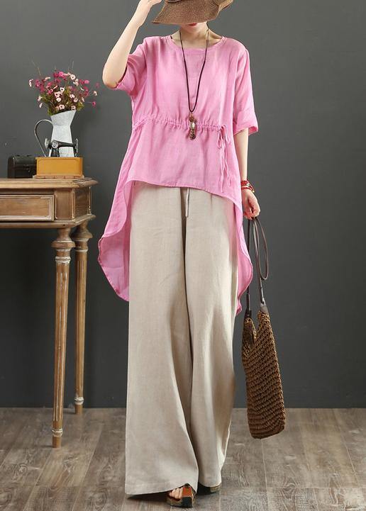 Unique o neck asymmetric linen tops women Wardrobes pink top - SooLinen