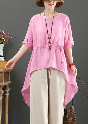 Unique o neck asymmetric linen tops women Wardrobes pink top - SooLinen