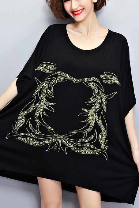 Einzigartige Baumwollbluse mit O-Ausschnitt, stilvolle Inspiration, schwarze Silhouette, Sommeroberteil