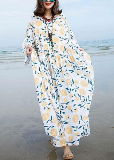 Unique o neck exra large hem linen dress pattern white print Dresses summer - SooLinen