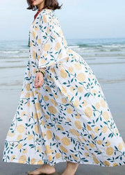 Unique o neck exra large hem linen dress pattern white print Dresses summer - SooLinen