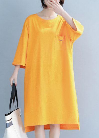 Unique o neck half sleeve Cotton Tunics design orange Dresses - SooLinen