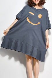 Einzigartige O-Hals-Halbarm-Baumwollsteppkleidung Mode-Arbeits-Outfits graue Tunika-Kleider Sommer