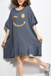 Einzigartige O-Hals-Halbarm-Baumwollsteppkleidung Mode-Arbeits-Outfits graue Tunika-Kleider Sommer