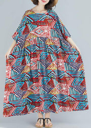Unique o neck large hem cotton clothes Women design blue print Dresses summer - SooLinen