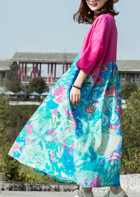 Unique o neck large hem cotton linen clothes For Women rose patchwork floral Dresses summer - SooLinen
