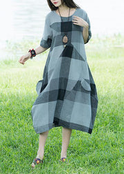 Unique o neck linen dresses light gray plaid patchwork loose Dresses sundress - SooLinen