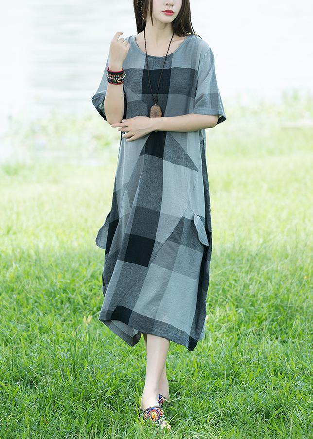 Unique o neck linen dresses light gray plaid patchwork loose Dresses sundress - SooLinen