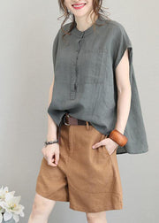 Unique o neck linen tops women blouses low high design Plus Size Clothing gray green shirt - SooLinen