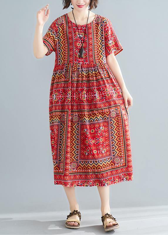 Unique o neck patchwork cotton dresses Shape red print A Line Dress summer - SooLinen