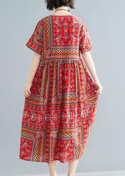 Unique o neck patchwork cotton dresses Shape red print A Line Dress summer - SooLinen