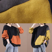 Unique o neck patchwork fall Blouse Fabrics yellow shirts - SooLinen