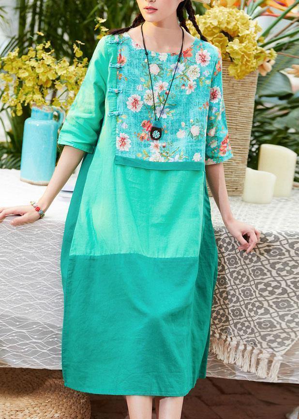 Unique o neck patchwork linen clothes For Women Outfits green print Dress summer - SooLinen