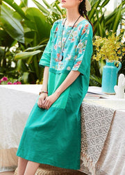 Unique o neck patchwork linen clothes For Women Outfits green print Dress summer - SooLinen